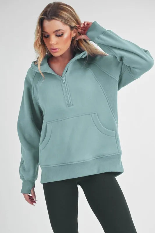 Aemi+Co Half Zip Raglan Sleeve Sweatshirt with Kangaroo Pocket Teal
