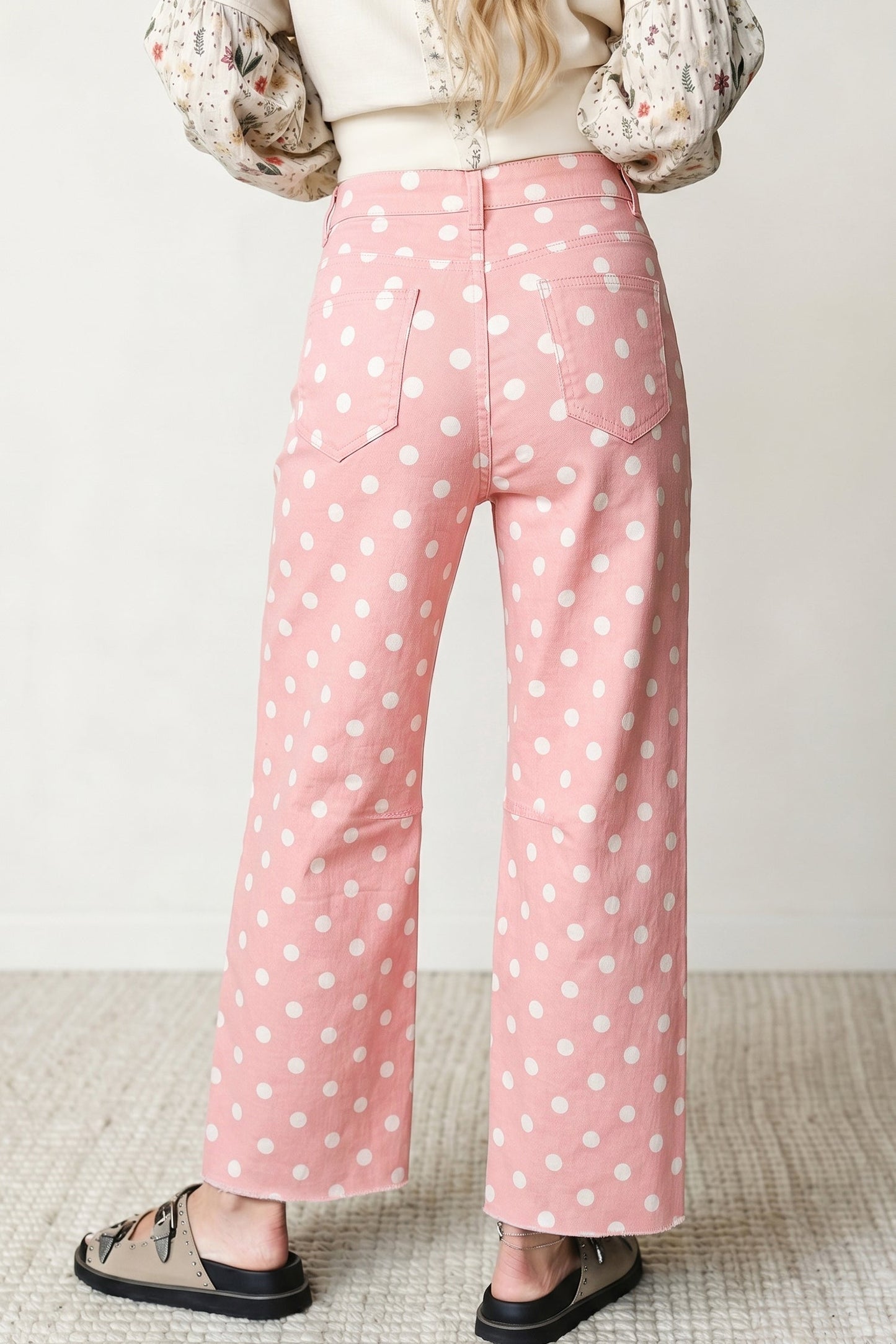 Polka Dot Denim Raw Hem Barrel Jeans