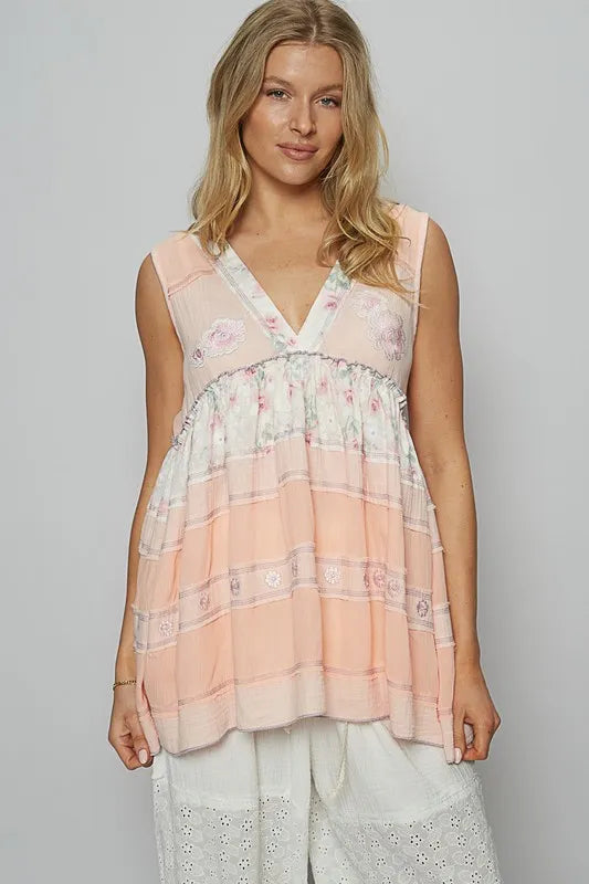 POL Floral V-Neck Sleeveless Peplum Blouse Watermelon pink