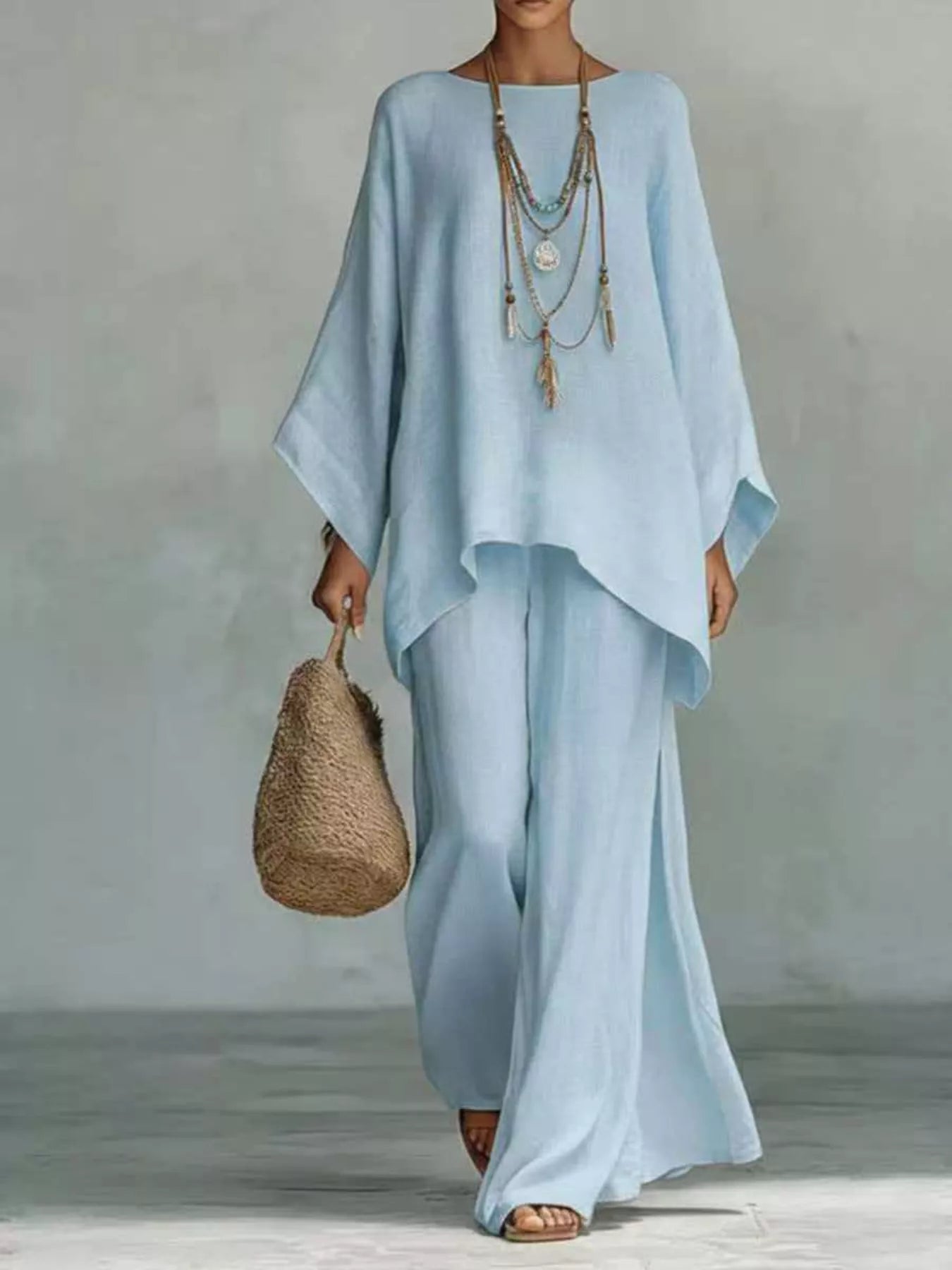 Solid Color Long Sleeve Top and Wide Leg Pants Set