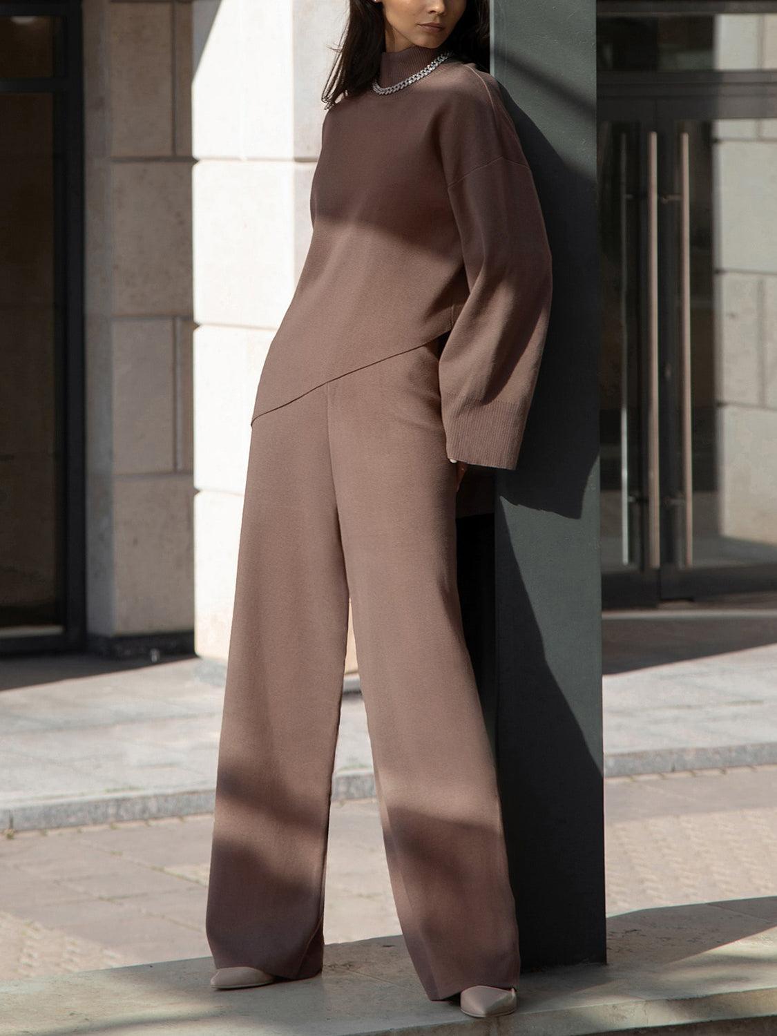 Asymmetrical Hem Knit Top and Pants Set Mocha
