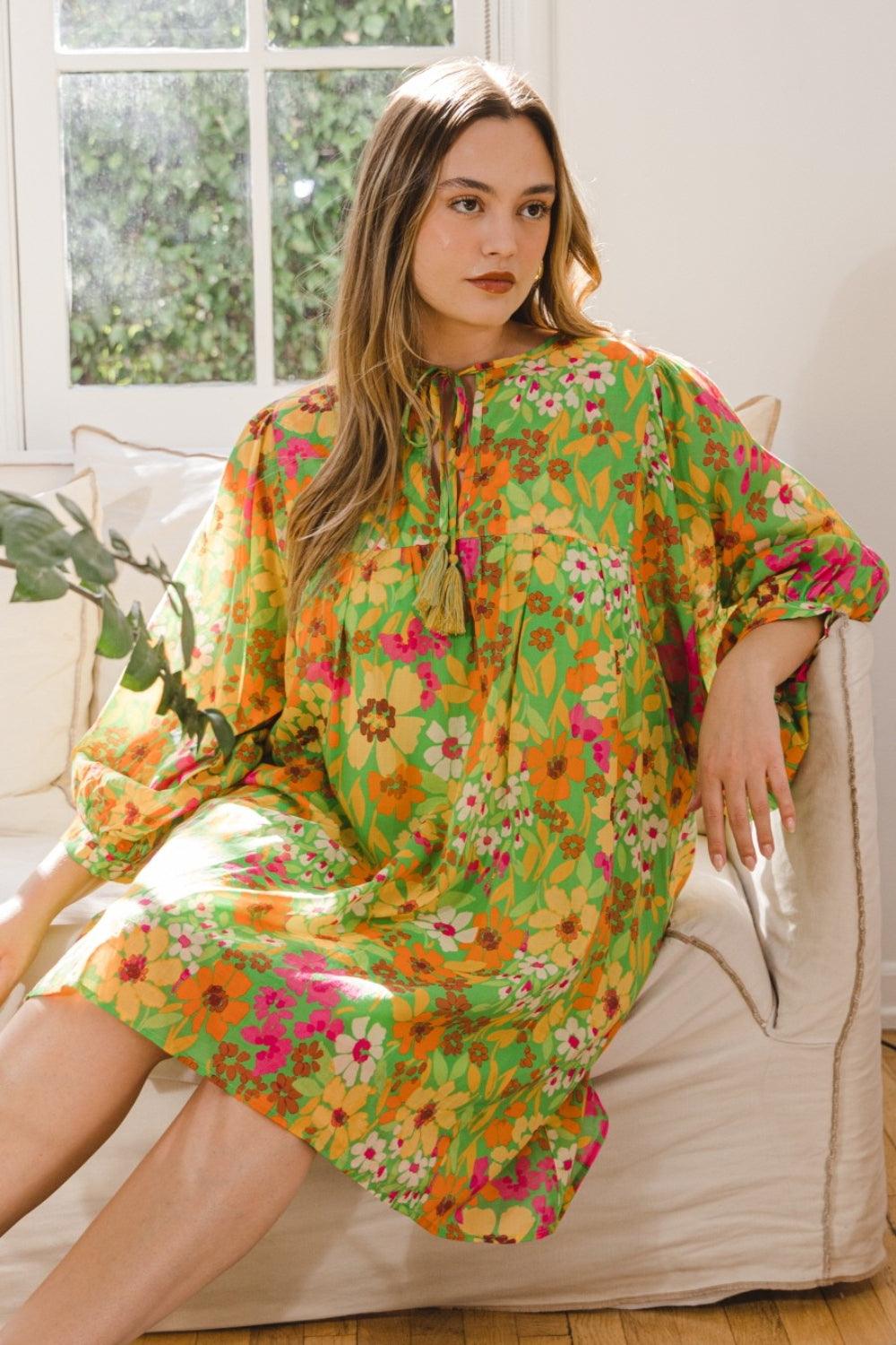ODDI Full Size Floral Tied Neck Mini Dress Green Multi