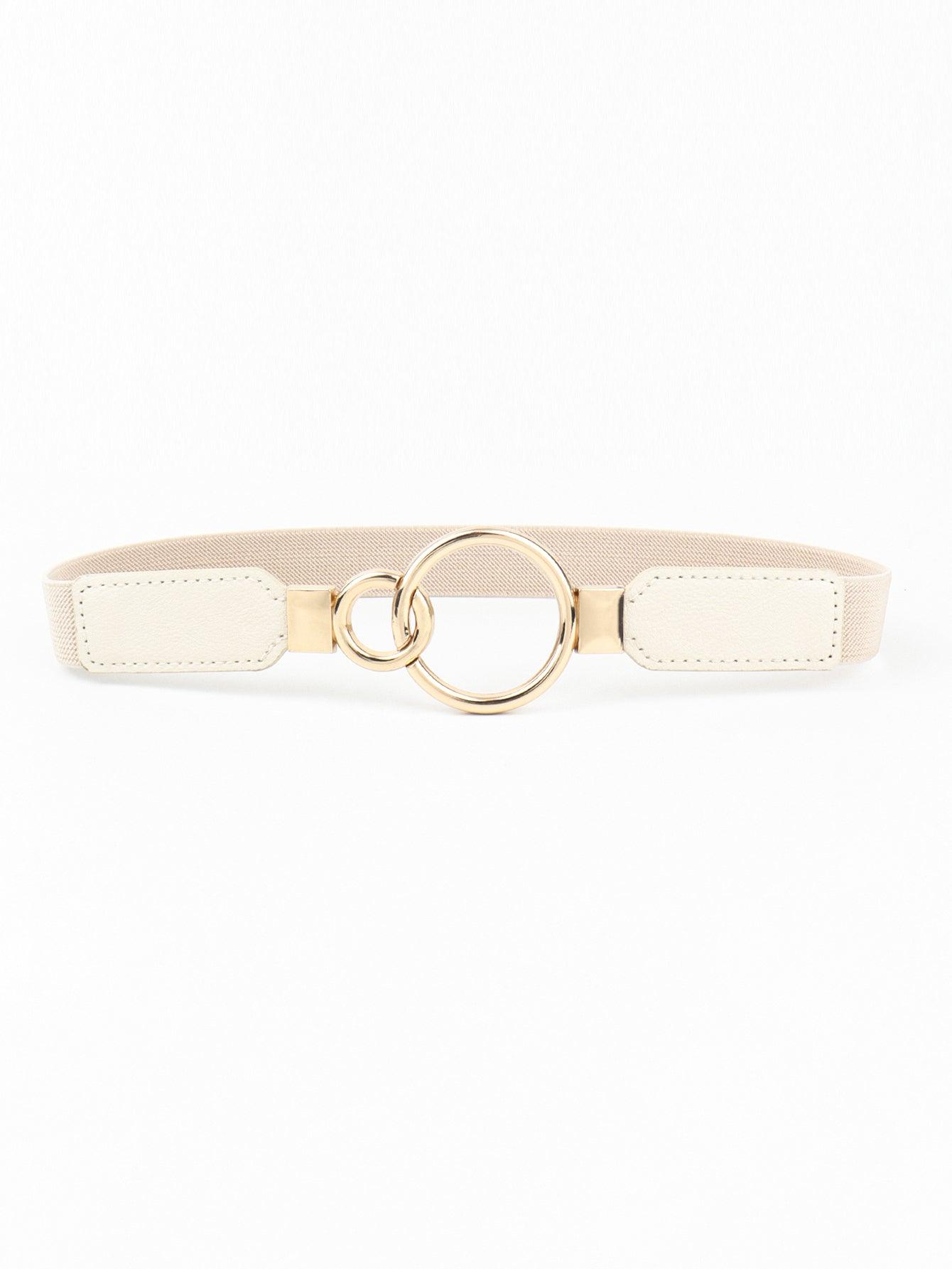 Double Ring Buckle Elastic PU Belt Cream One Size