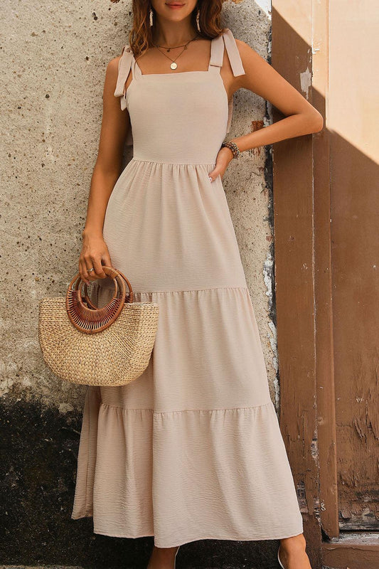 Perfee Tie Shoulder Smocked Tiered Dress Tan