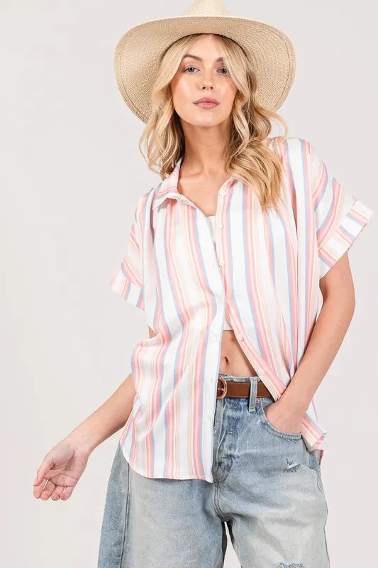 SAGE+FIG Full Size Multi Stripe Button Down Short Sleeve Shirt Plus Size PINK