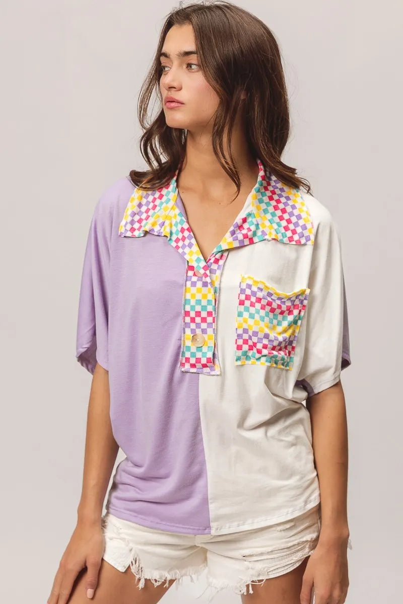 BiBi Color Block Knit with Multi Checker Contrast Top LAVENDER