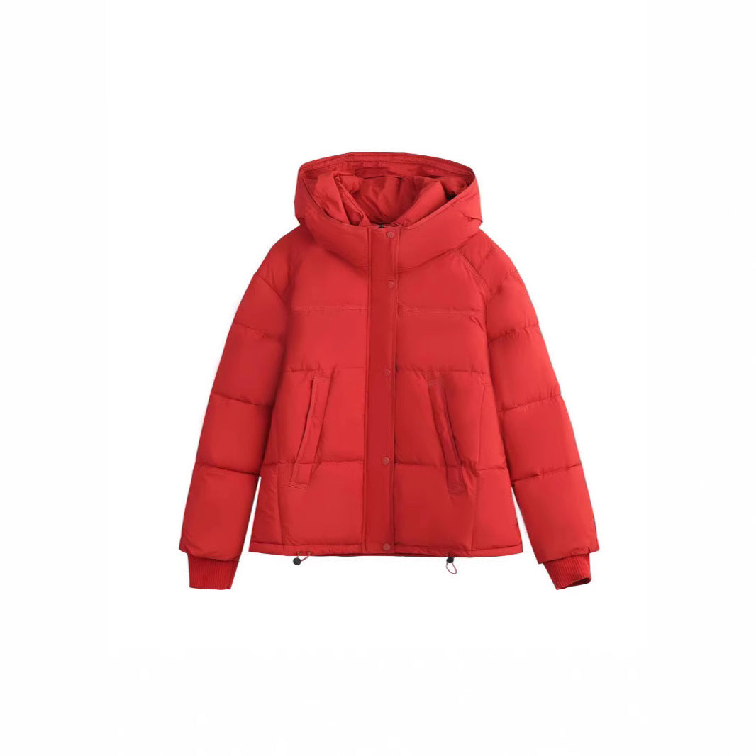 Red puffer jacket on a white background