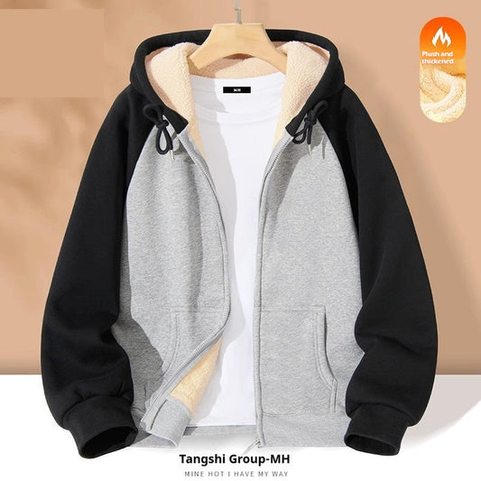New Contrast Color Women's Clothing Winter Fleece-lined Casual Cardigan Coat Outerwear Women