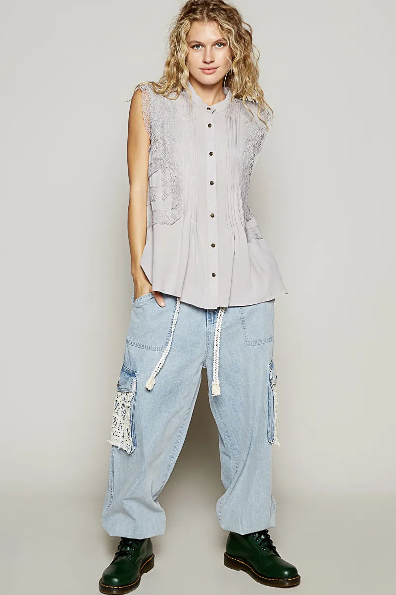 POL Lace Detail Button Up Sleeveless Shirt