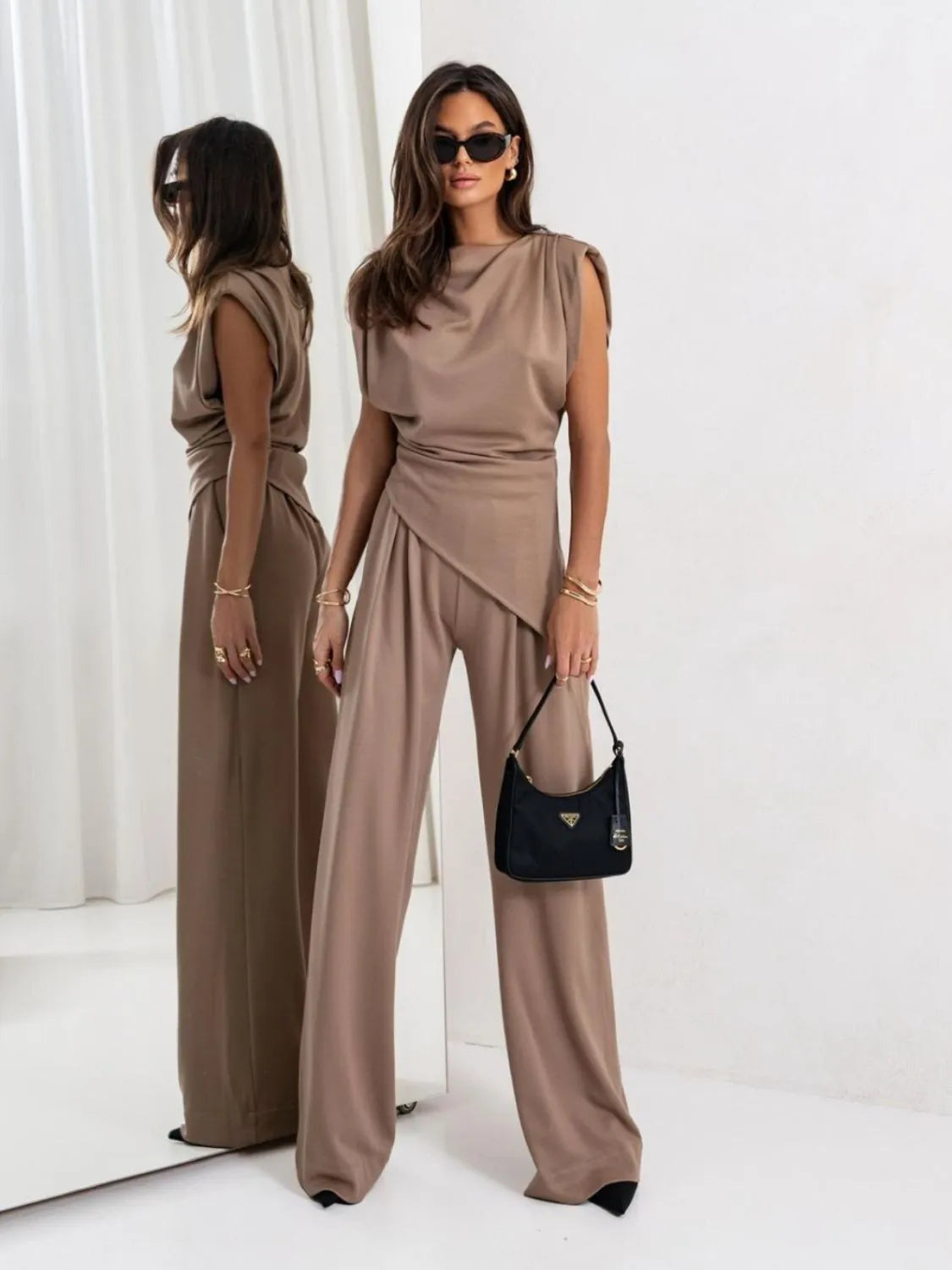 Slit Ruched Top and Wide Leg Pants Set Taupe
