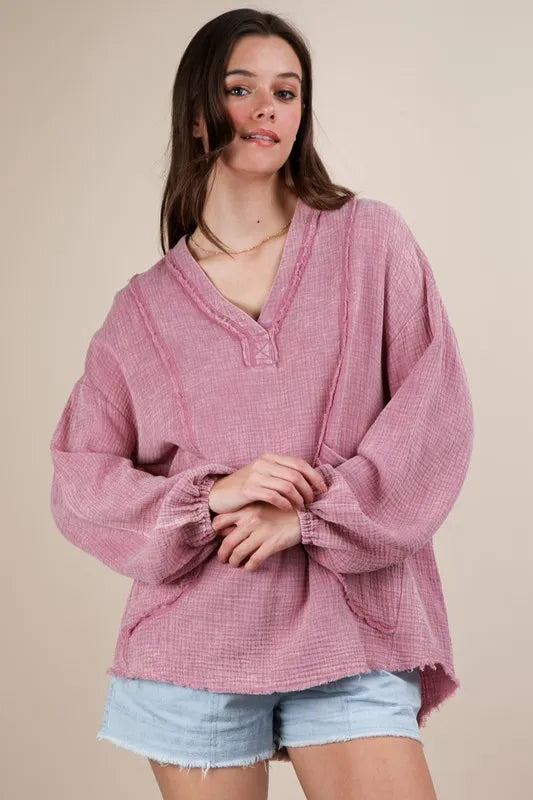 VERY J Plus Size Washed Cotton Gauze Oversized Top