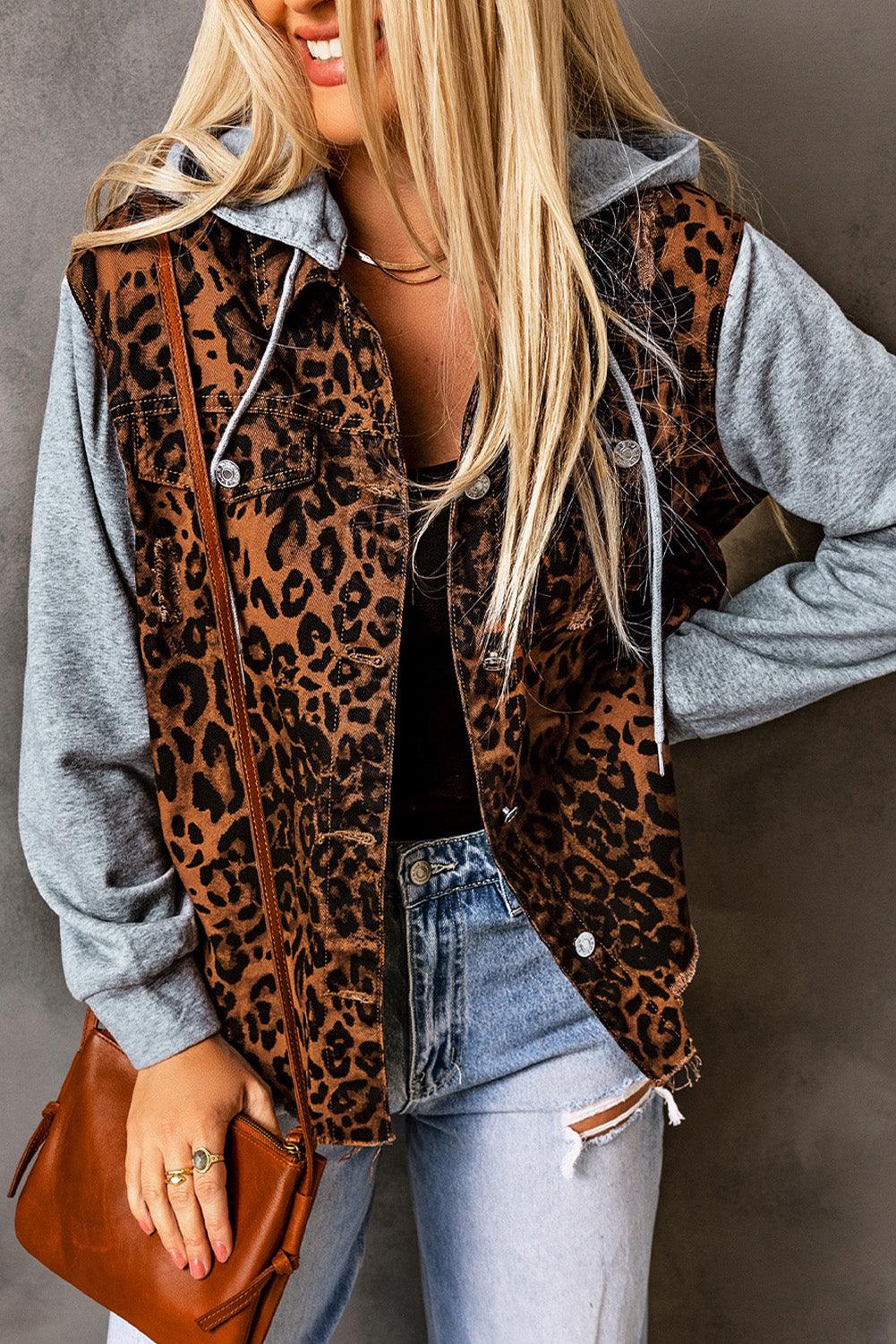 Leopard Distressed Drawstring Hooded Denim Jacket Leopard