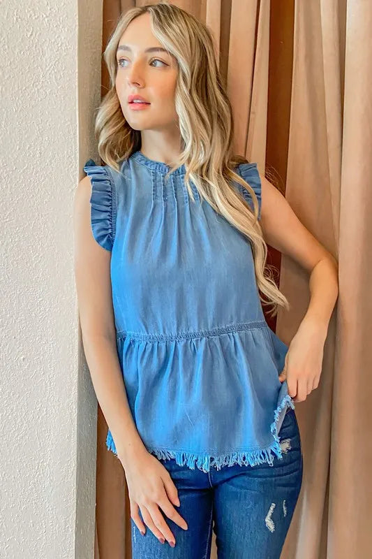 And The Why Chambray Ruffle Sleeveless Top Denim