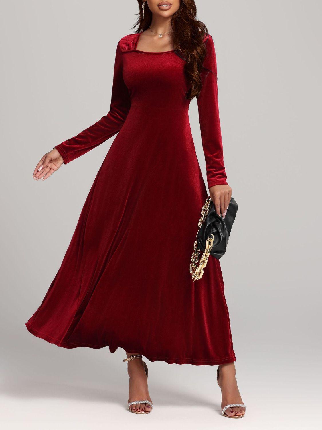 Square Neck Long Sleeve Velvet Dress Deep Red