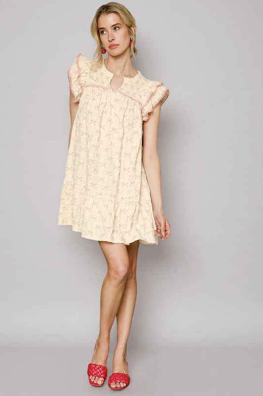 Umgee Bow Print Ruffled Cap Sleeve Mini Dress PINK CREAM