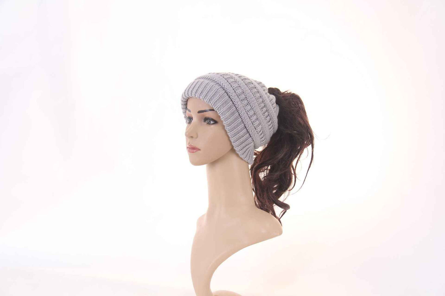 Womens Knitted Ponytail Hat Winter Warm Cap Light gray Without label