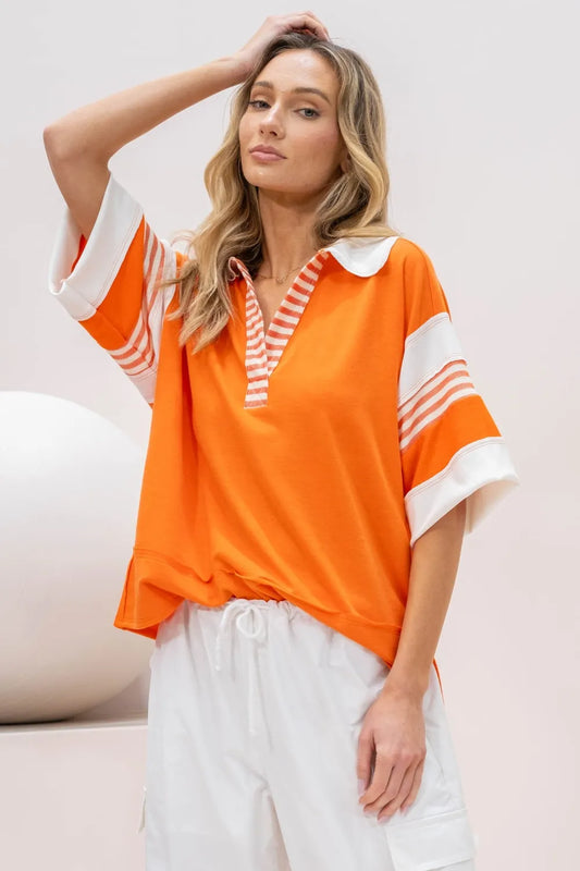 Hailey & Co Full Size Contrast Stripe Polo Shirt Orange