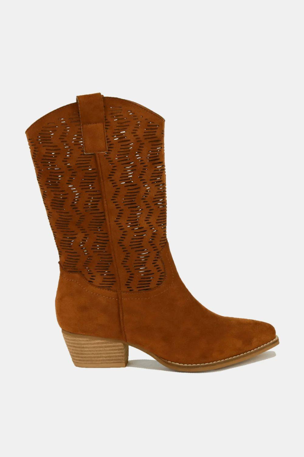 Beast Fashion Faux Suede Laser Cut Detail Block Heel Boots Brown