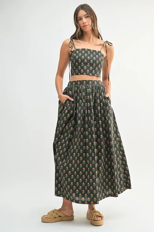 MABLE Floral Crop Top and Skirt Set Black