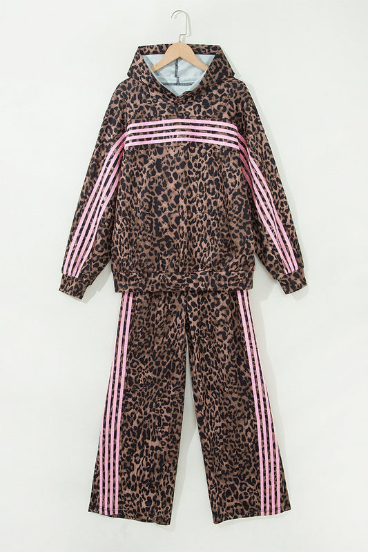 Leopard Contrast Stripe Hoodie & Drawstring Pants Set