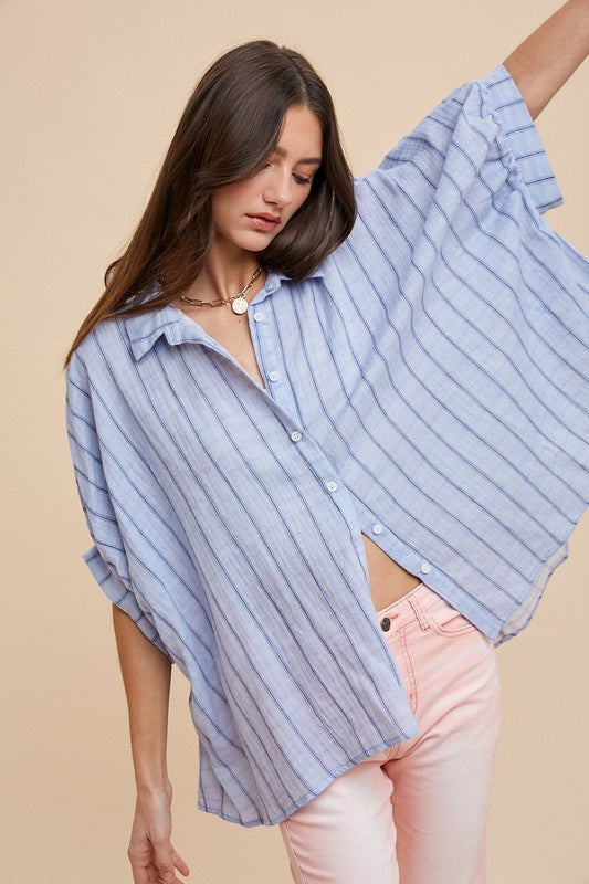 Annie Wear Striped Button Up Half Sleeve Shirt Lt Blue