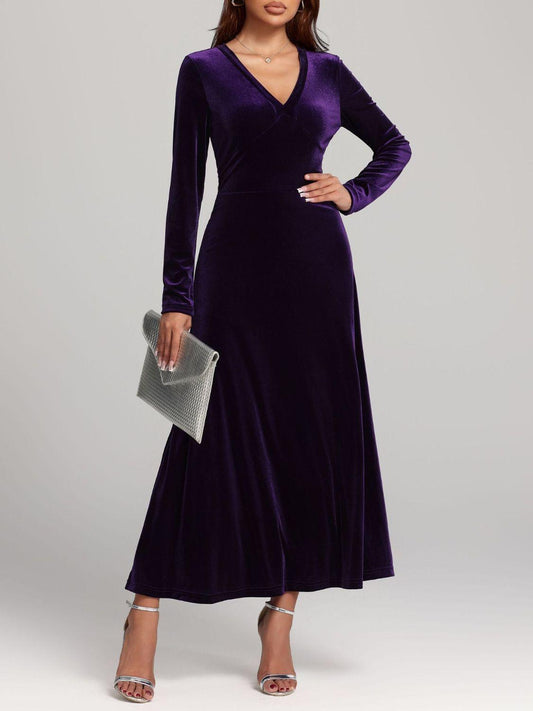 V-Neck Long Sleeve Velvet Dress Violet