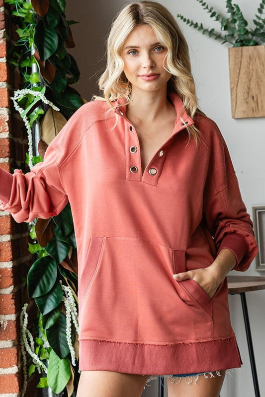 First Love Grommet Split Neck Kangaroo Pocket Sweatshirt Marsala