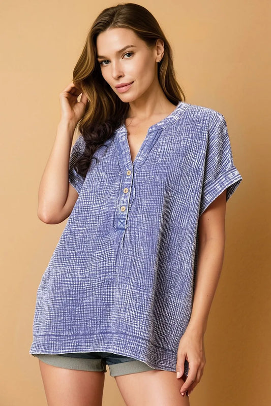 Zenana Washed Double Gauze 3/4 Button Henley Neck Shirt MARLIN