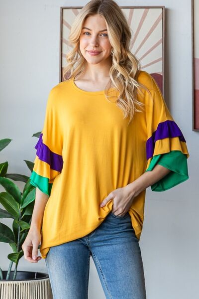 Heimish Full Size Round Neck Color Block Ruffled Half Sleeve Top Plus Size Gold