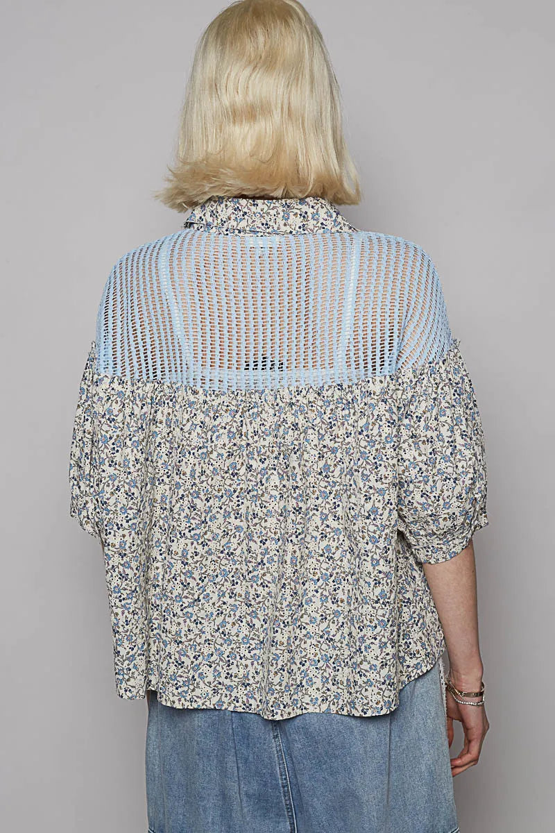 POL Floral Print Crochet Patchwork Button-Down Shirt