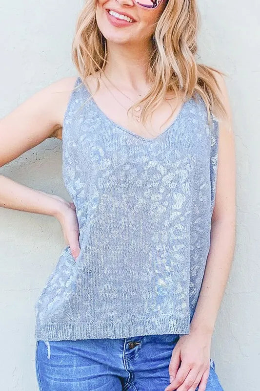 And The Why Leopard Foil Print Sleeveless Sweater Top GREY