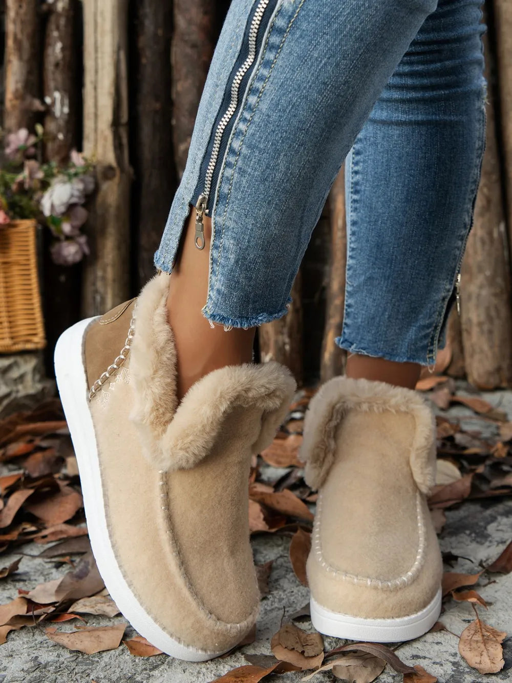 Furry Suede Round Toe Flat Sneakers Beige