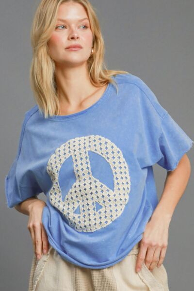 Umgee Full Size Mineral Wash T-Shirt with Lace Applique Plus Size Sky Blue