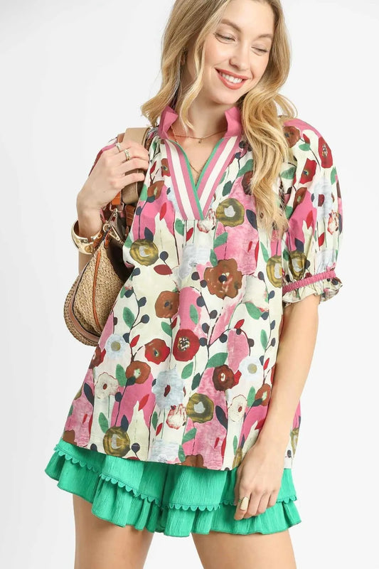 Umgee Floral Print Puff Sleeve Oversized Blouse Blush Pink