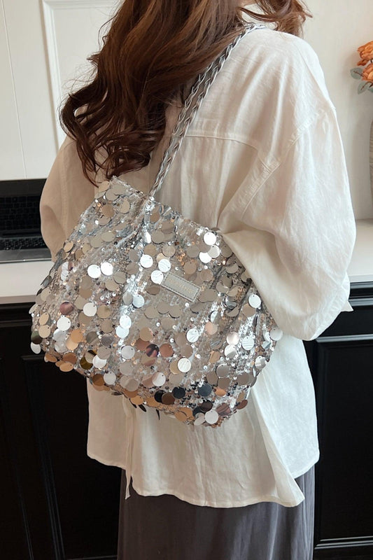 Sequin Braided Strap Shoulder Bag Silver One Size