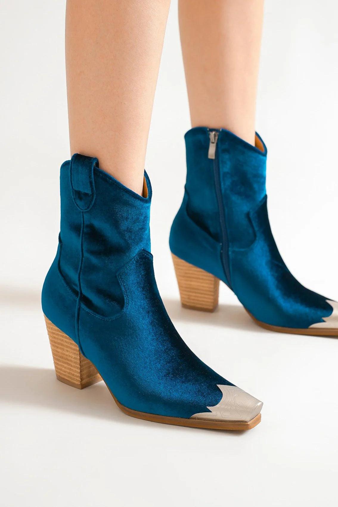 Beast Fashion Velvet Block Heel Boots with Side Zippers Peacock Blue