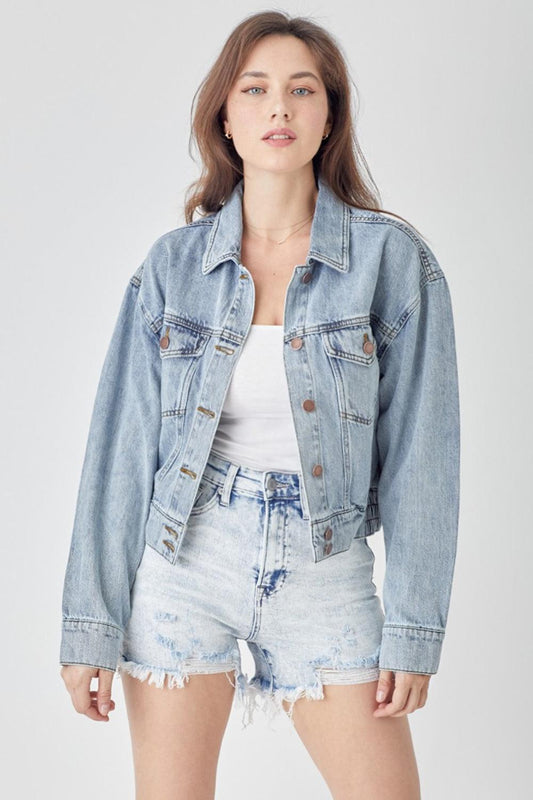 RISEN Full Size Button Down Cropped Denim Jacket Light