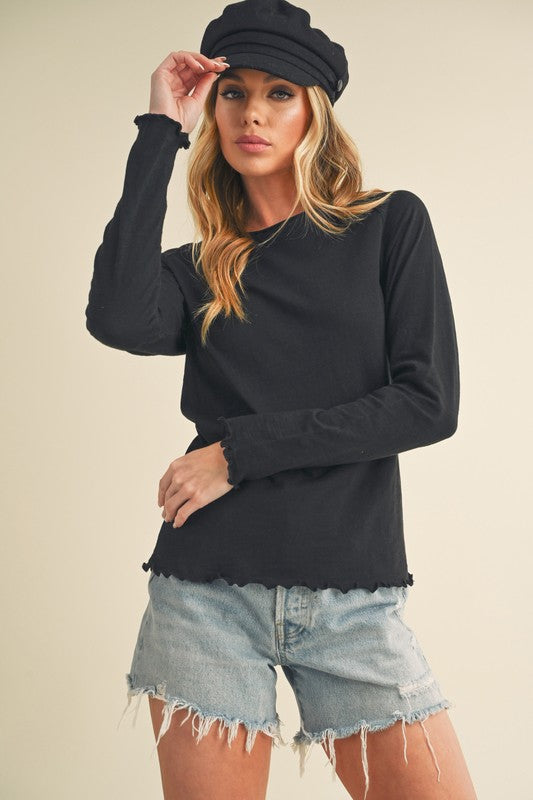 Aemi + Co Lettuce Hemline Round Neck Raglan Sleeve T-Shirt Black