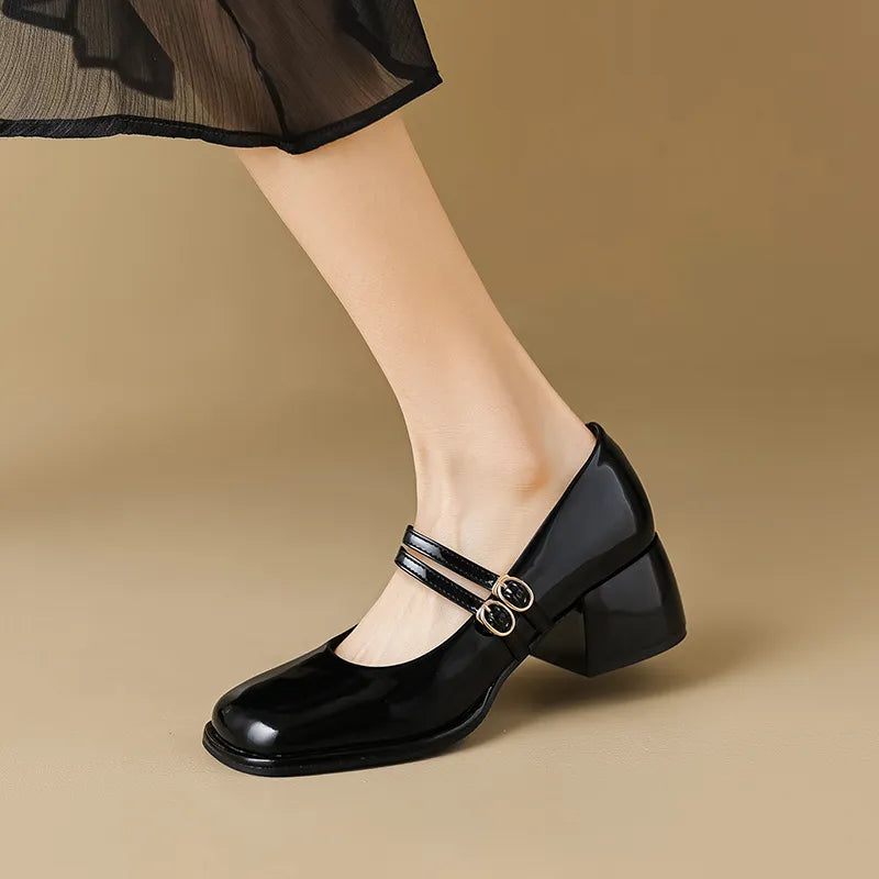 Double Buckle Strap Square Toe Mary Jane Heels Black