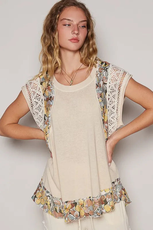 POL Floral Frayed Hem Crochet Cap Sleeve Top COCONUT