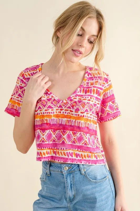 And The Why Printed V Neck Cropped T-Shirt CORAL