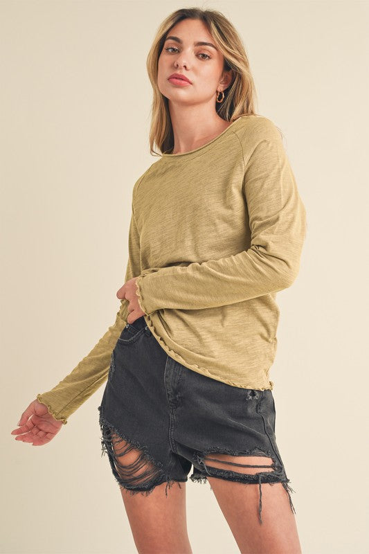 Aemi + Co Lettuce Hemline Round Neck Raglan Sleeve T-Shirt Latte