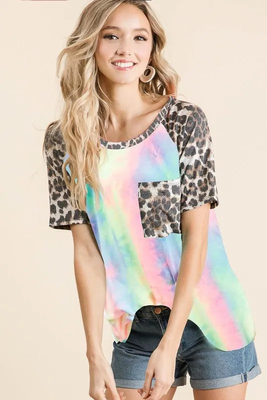 BiBi Tie Dye Knit Top with Leopard Raglan Sleeves
