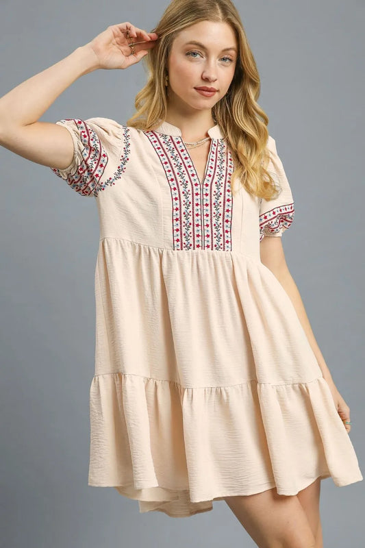 Umgee Floral Trim Puff Sleeve Mini Dress Tan