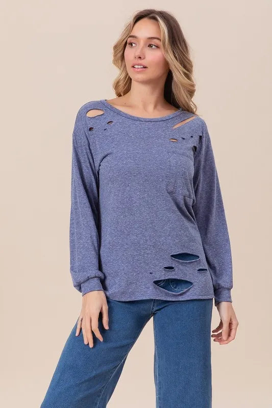 BiBi Triblend with Laser Cut Detailed T-Shirt DENIM