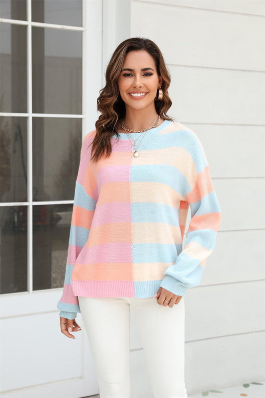 Angel Wings Round Neck Long Sleeve Color Block Dropped Shoulder Pullover Sweater Blush Pink
