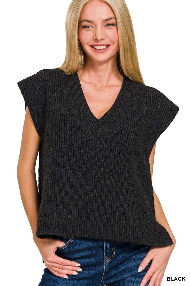 Zenana Oversized Sweater Vest with Side Slit BLACK