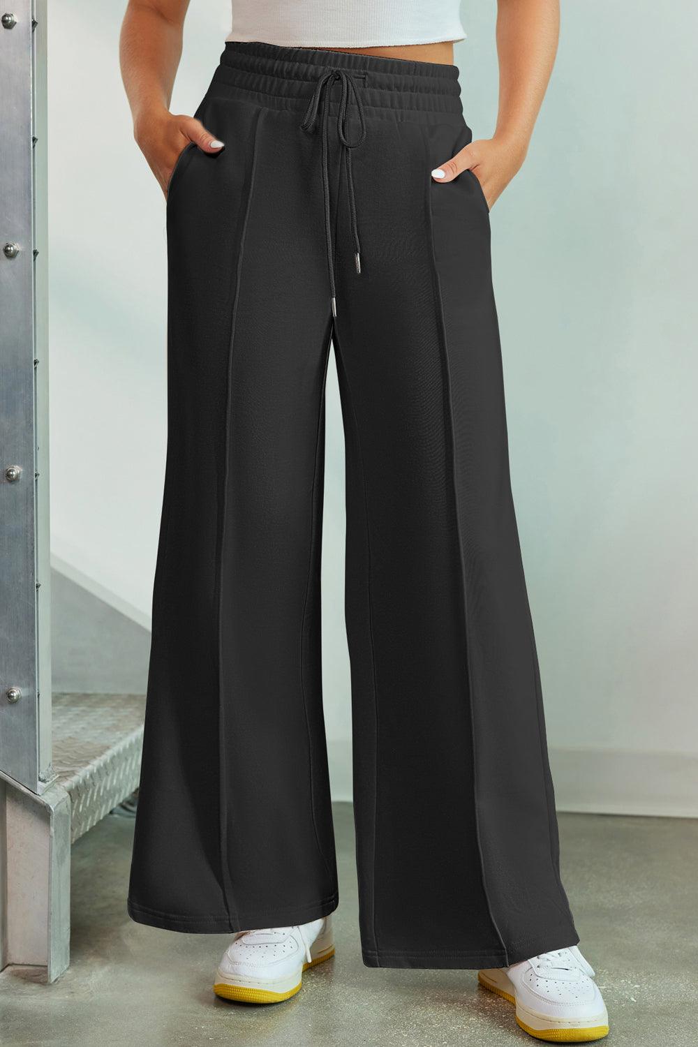 Drawstring Wide Leg Pants with Pockets Black