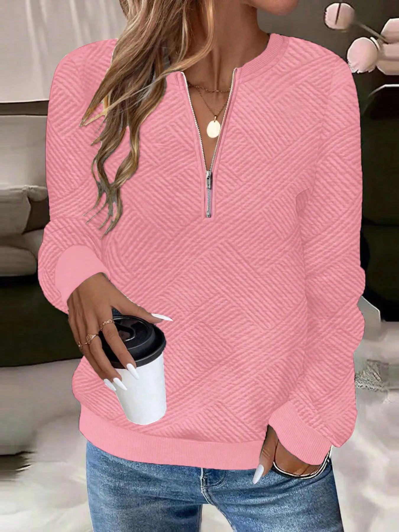 Quarter Zip Textured Long Sleeve Sweatshirt