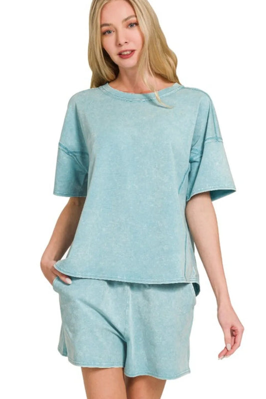 Zenana Acid Washed Short Sleeve Tee & Shorts Set DUSTY TEAL